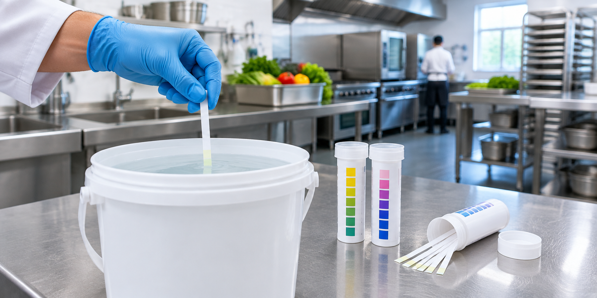 Staff dipping a chemical test strip into a sanitiser bucket in a commercial kitchen
