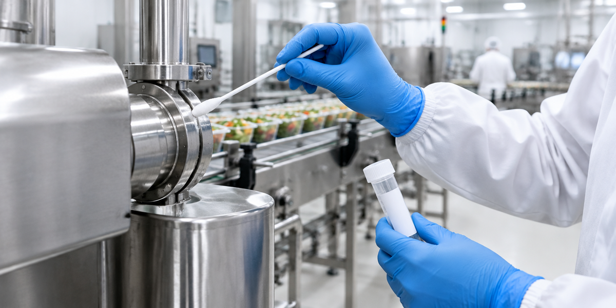 Sterile environmental collection swab used on food processing equipment