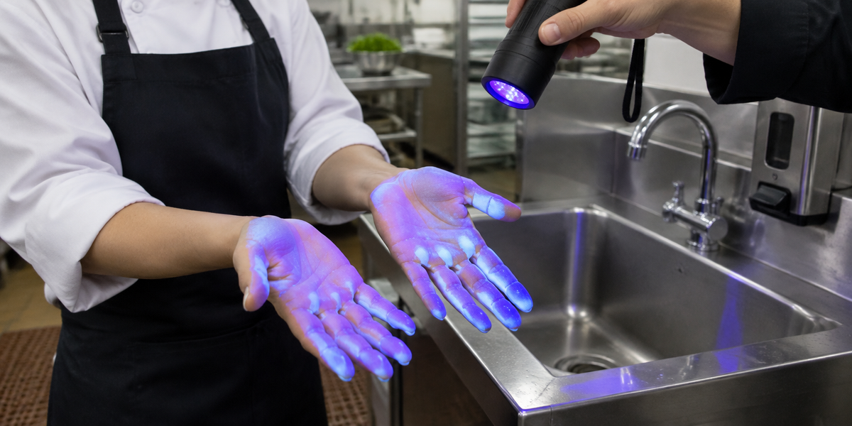 Hand hygiene training with UV lotion and torch at a hand basin