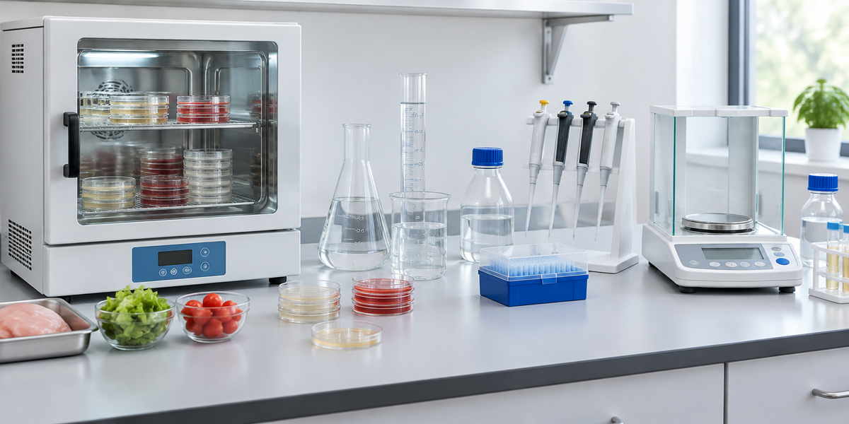 Food testing lab bench with incubator, glassware and pipettes