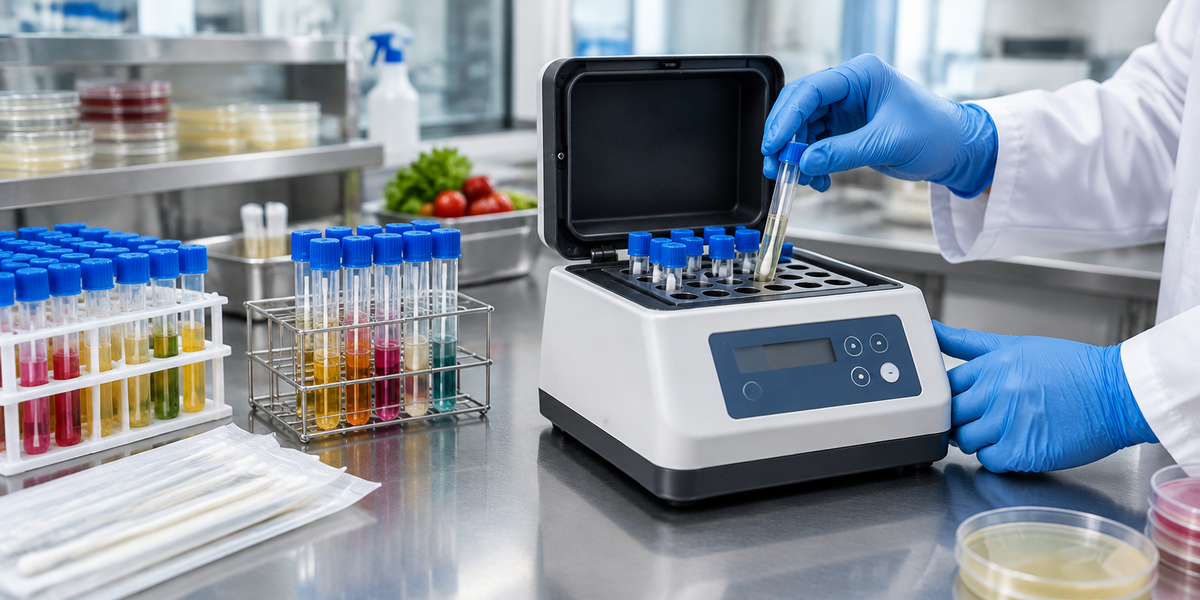 Pathogen swab tubes being placed in a dry block incubator