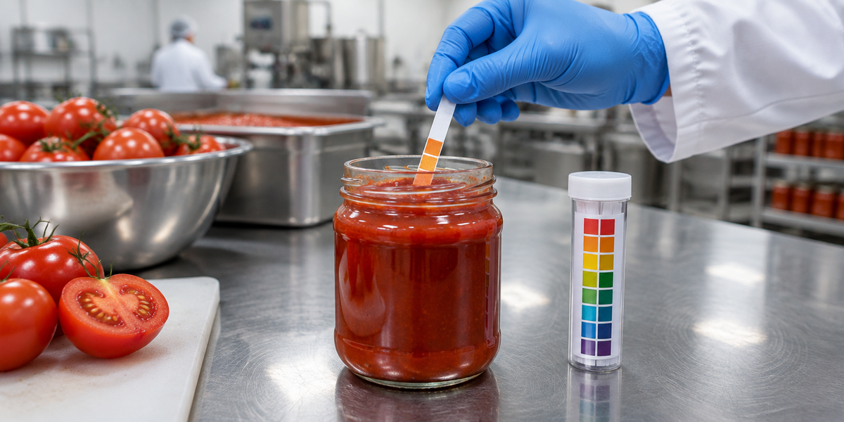 pH test strip dipped into a jar of tomato sauce