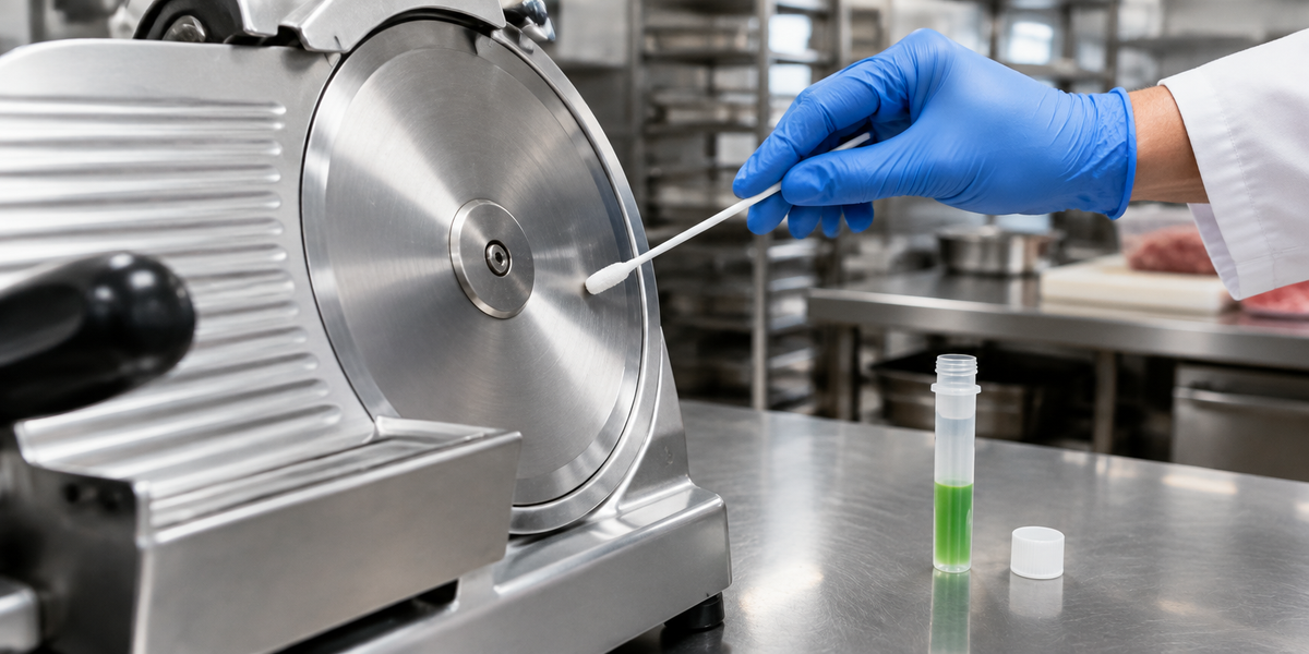 Protein surface swab used on a cleaned meat slicer