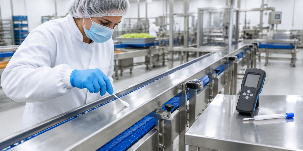 Technician swabbing a stainless steel conveyor with a rapid hygiene swab