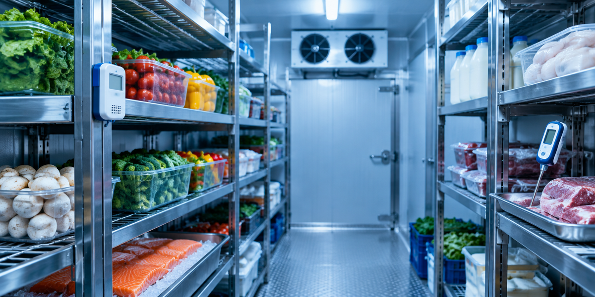 Commercial cool room with food on stainless shelving
