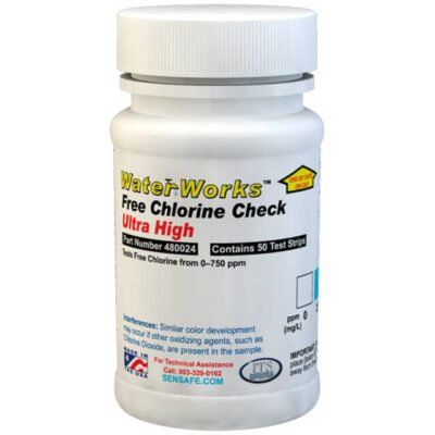 WaterWorks Free Chlorine Test Strips 0-750ppm (mg/l) can be used for high ranges of free chlorine levels in water.